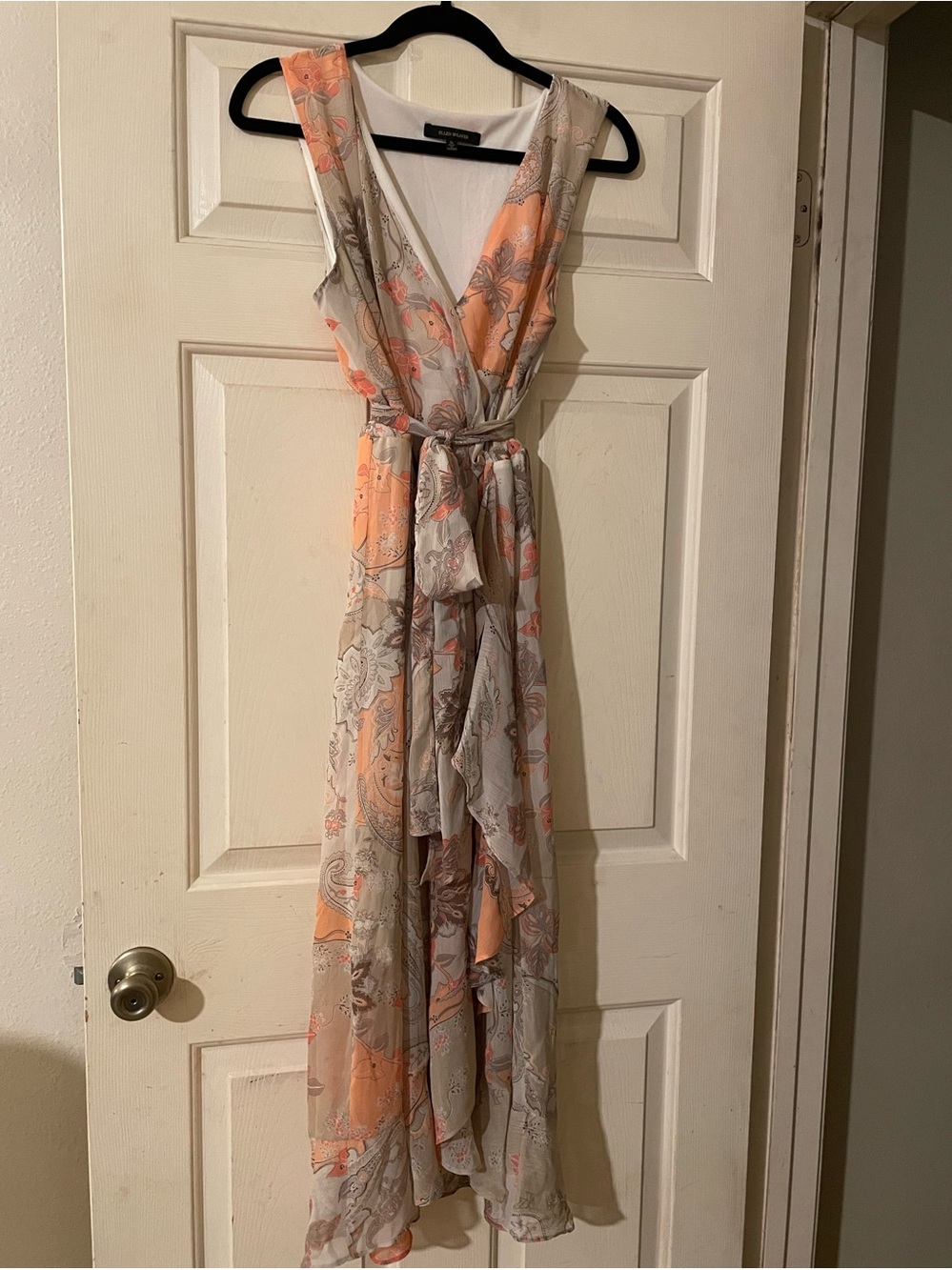Ellen Weaver Peach Grey Paisley Ruffle High Low Faux Wrap Maxi Dress 16
